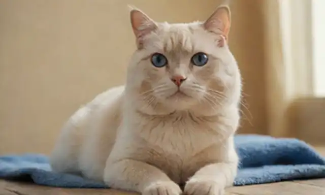 Un gato de aspecto robusto con una cara amplia, patas cortas y un cuerpo compacto, cubierto de un abrigo grueso, con ojos azules distintivos, posando en un fondo neutro con texturas sutiles, como un suelo de madera usado o una manta suave, contra una paleta de color caliente y muda