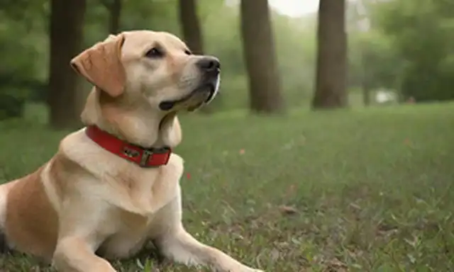 Un perro tranquilo sentado en un campo pastoso, usando un collar rojo con una etiqueta de nombre brillante, rodeado de hojas y flores, con un sutil toque de luz solar filtrando a través de los árboles