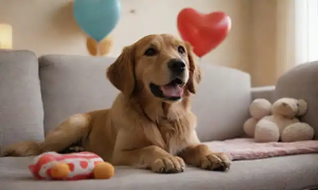 Feliz perro sentado en un sofá, recibiendo suaves mascotas del propietario; suave, cálida iluminación; acogedor fondo de casa con juguetes y mantas dispersados alrededor; globo en forma de corazón o animal relleno cerca; estilo de ilustración