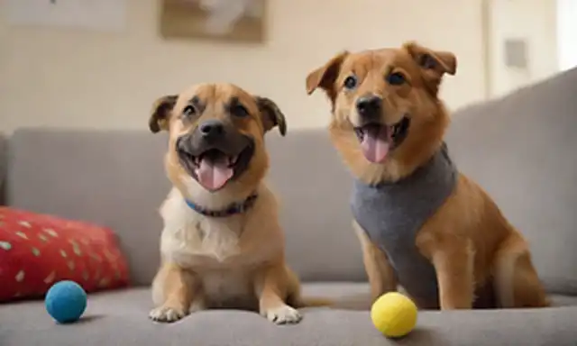 2 perros, juguetón, rubio, lindo, sentado en el sofá, sonriendo, mirando a la cámara, uno con chaleco pequeño, otro con lengua fuera, rodeado de bolas, juguetes, y un fondo borroso