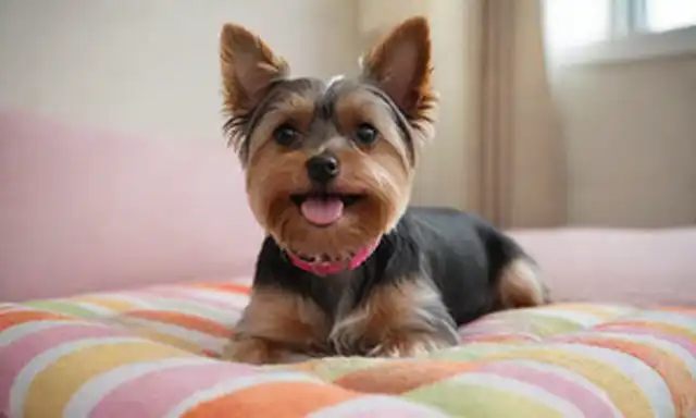Un juguetón Yorkshire Terrier perro sentado en un cojín colorido, rodeado de flores y juguetes, con ojos brillantes y una expresión dulce, en un acogedor salón, iluminado por luz suave natural, con un enfoque sutil en su rostro adorable, capturando la esencia de la amistad y la compañía